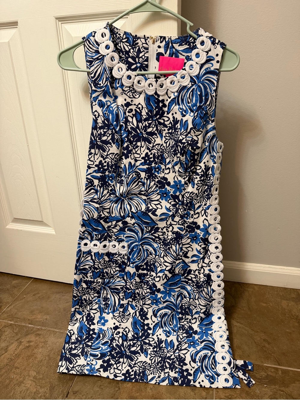 Lilly Pulitzer Blue & White Floral Shift Dress with Crochet Trim